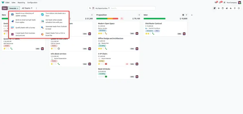 Odoo 20 CRM unified lead generation hub with multiple lead sources