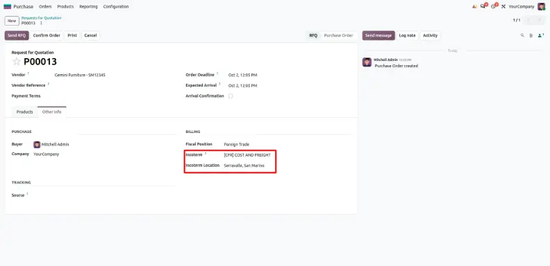 Odoo 20 purchase order Other Info tab showing default Incoterm and Incoterm Location from the vendor
