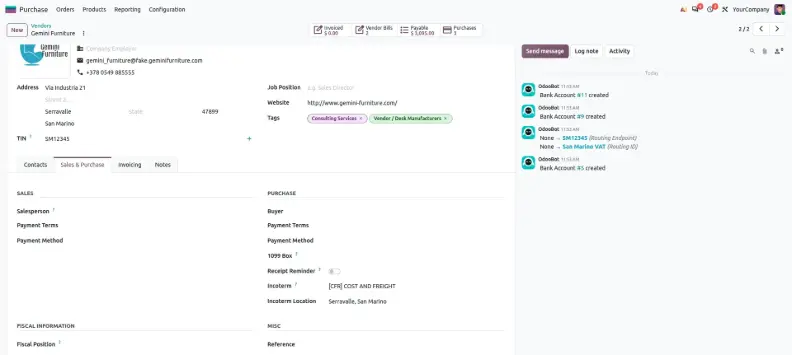 Odoo 20 vendor form showing Incoterm and Incoterm Location fields in the Sales and Purchase tab