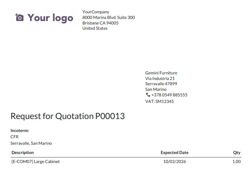 Odoo 20 purchase order showing Incoterm and Incoterm Location in the delivery terms
