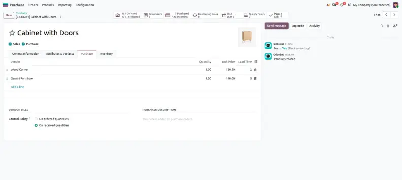 Odoo 20 product Purchase tab showing vendor details and Delivery Lead Time
