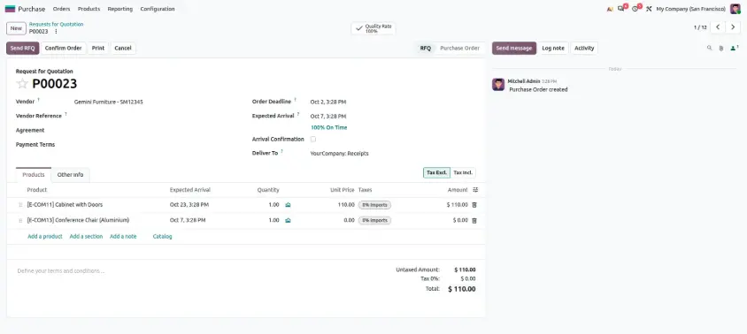 Odoo 20 purchase order with an editable Expected Arrival date