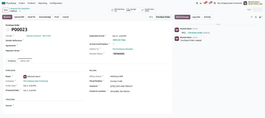 Odoo 20 purchase order chatter log note recording the supplier's original promised delivery date