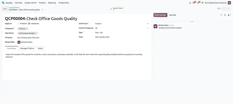 Odoo 20 Quality control point configuration for incoming vendor receipts