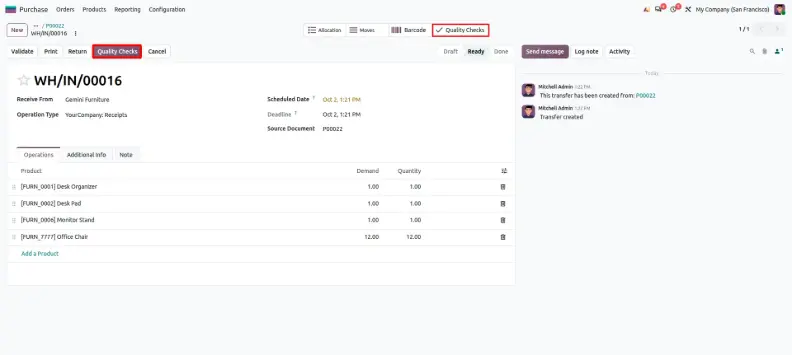 Odoo 20 incoming receipt quality check showing a Pass or Fail result
