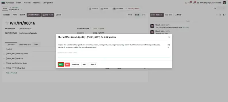 Odoo 20 vendor contact form showing the Quality Rate smart button