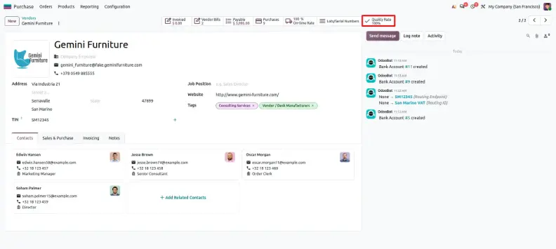 Odoo 20 vendor quality rate displaying supplier performance from incoming product checks