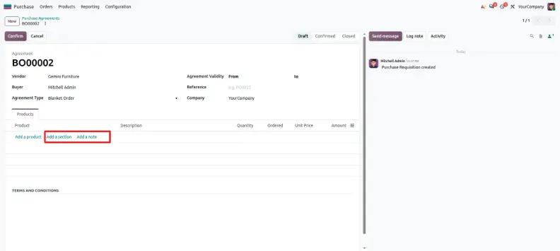 Odoo 20 blanket purchase agreement Products tab with Add a section and Add a note options
