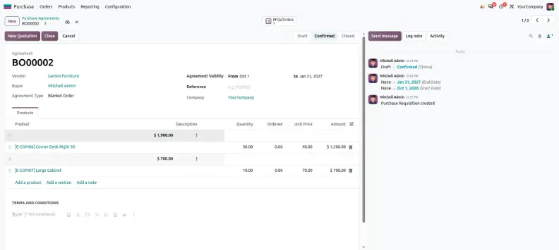 Odoo 20 blanket purchase order organized with product sections and notes