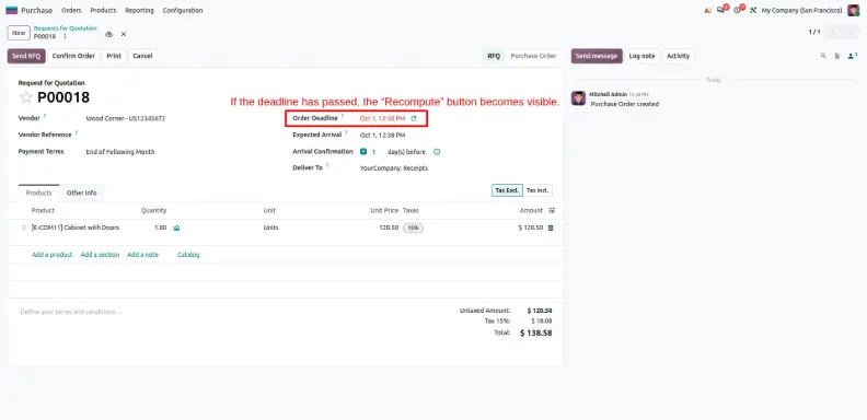 Odoo 20 purchase order with grouped product lines under a section heading