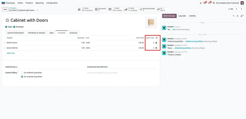 Odoo 20 product Purchase tab showing vendor delivery lead time for expected arrival recalculation