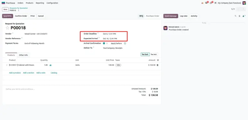 Odoo 20 request for quotation with a past Order Deadline and the Expected Arrival recalculation option