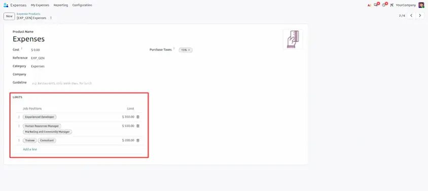 Odoo 20 expense product Limits table with job positions and maximum amounts
