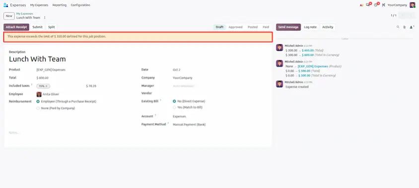 Odoo 20 over-limit warning on an expense for a job position