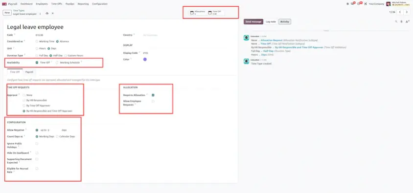 Odoo 20 Time Types configuration for Time Off and Payroll settings