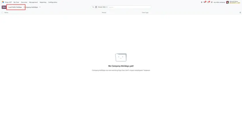 Odoo 20 Company Holidays screen for managing public holidays
