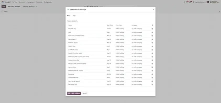 Odoo 20 Load Public Holidays wizard for selecting the holiday year and work entry type