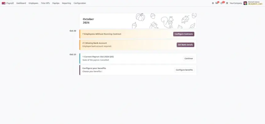 Odoo 20 Payroll dashboard displaying payroll validation warnings