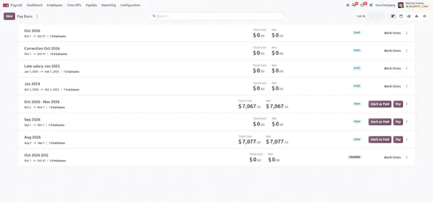 Odoo 20 payroll pay run workflow for validating and processing employee payslips