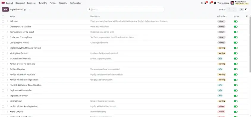 Odoo 20 payroll warning details for checking employee and contract information