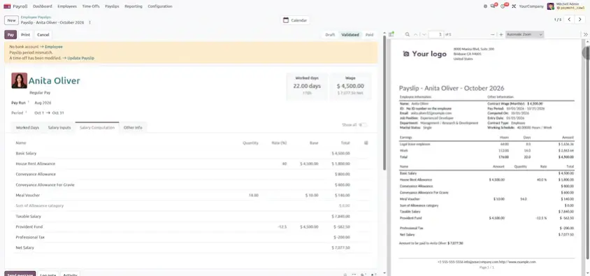 Odoo 20 payslip salary computation with salary rules and calculation details