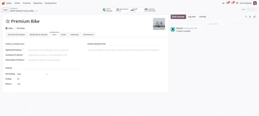 The Rental section on the product form holds the rental prices and the pickup and return details
