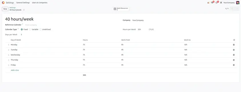 A working schedule, such as 40 hours/week, lists the days and hours the business is open