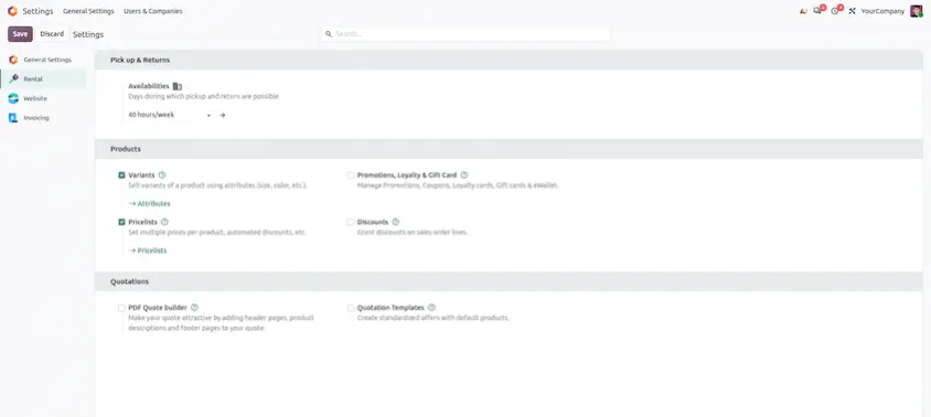 The Availabilities option in the Rental settings is where the working schedule is selected