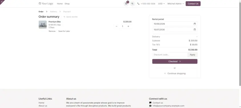 The order summary displays the selected rental period before checkout
