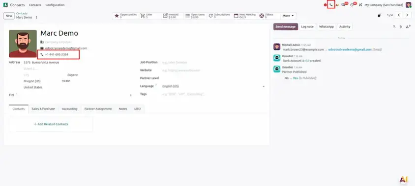 Odoo 20 softphone keypad pre-filled with the phone number of the open record