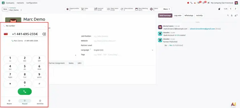 Completed call automatically logged in the record chatter in Odoo 20