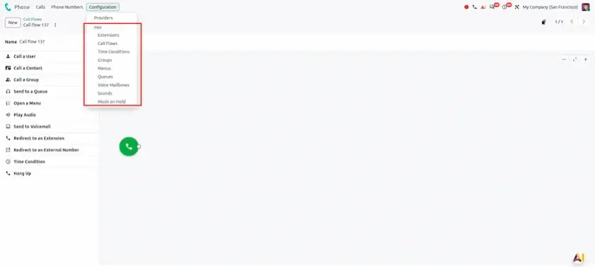 Call Flow Designer canvas for routing incoming calls in Odoo 20 Phone (VOIP)