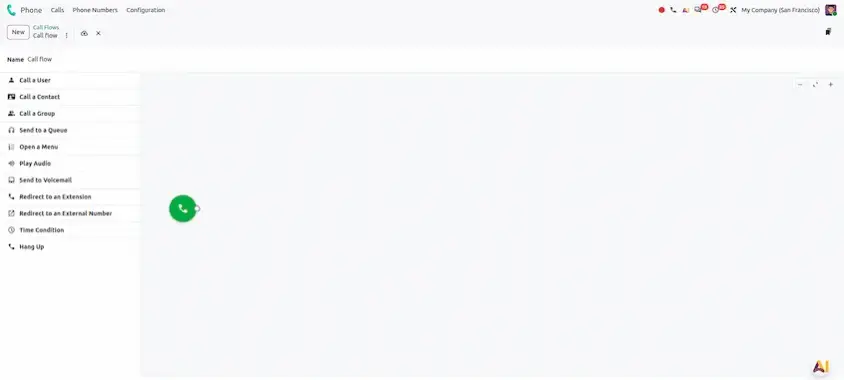 Call flow with connected extension, IVR menu and time condition nodes in Odoo 20