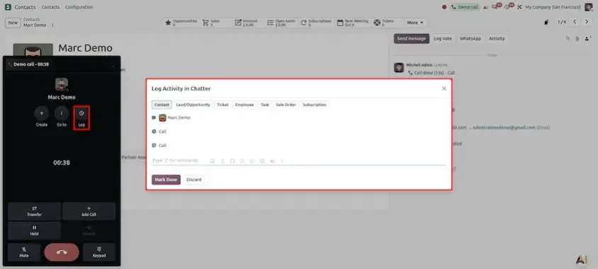 Call notes and outcome tag on the call ended screen in Odoo 20 Phone (VOIP)