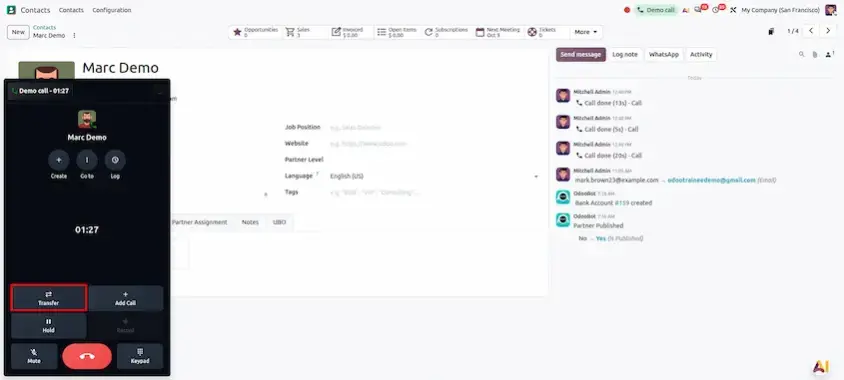 Transfer Call button in the active call window of Odoo 20 Phone (VOIP)