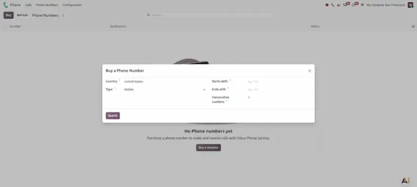 Buy phone numbers screen for DID management in Odoo 20 Phone (VOIP)