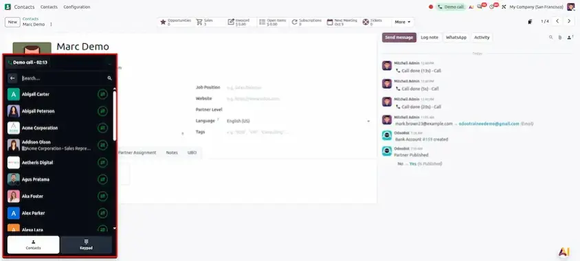 Selecting a target device or browser session to transfer a live call in Odoo 20