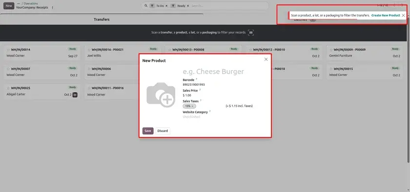 Create a product using barcode lookup in Odoo 20
