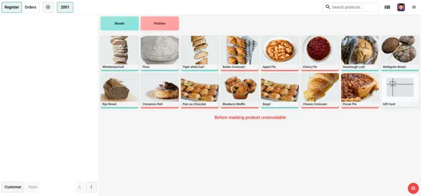 Odoo 20 POS screenshot showing Mark Products as Unavailable in One Tap (step 1 of 5)