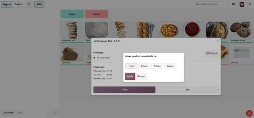 Odoo 20 POS screenshot: marking a dish or product as unavailable with one tap on the Point of Sale screen (step 3 of 5)