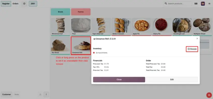 Odoo 20 POS screenshot: marking a dish or product as unavailable with one tap on the Point of Sale screen (step 2 of 5)