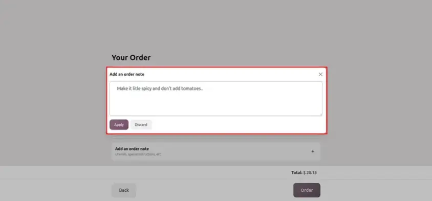 Odoo 20 POS screenshot: customer kitchen note typed at self-checkout and shown on the kitchen screen (step 3 of 6)