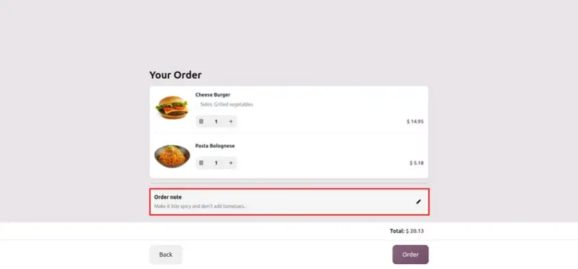 Odoo 20 POS screenshot: customer kitchen note typed at self-checkout and shown on the kitchen screen (step 4 of 6)