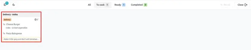 Odoo 20 POS screenshot: customer kitchen note typed at self-checkout and shown on the kitchen screen (step 6 of 6)