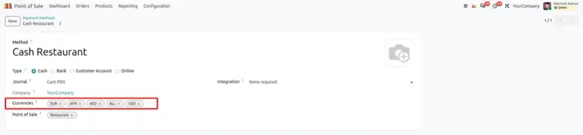 Odoo 20 POS screenshot: accepting payment in another currency at the same POS till with automatic conversion (step 1 of 4)