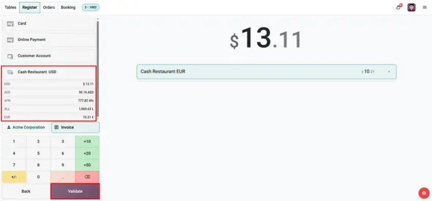 Odoo 20 POS screenshot: accepting payment in another currency at the same POS till with automatic conversion (step 3 of 4)