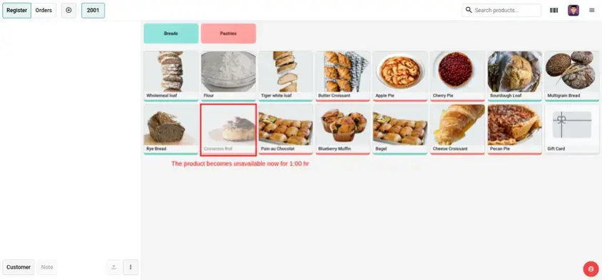 Odoo 20 POS screenshot: marking a dish or product as unavailable with one tap on the Point of Sale screen (step 5 of 5)