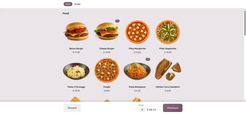 Odoo 20 POS screenshot: customer kitchen note typed at self-checkout and shown on the kitchen screen (step 1 of 6)