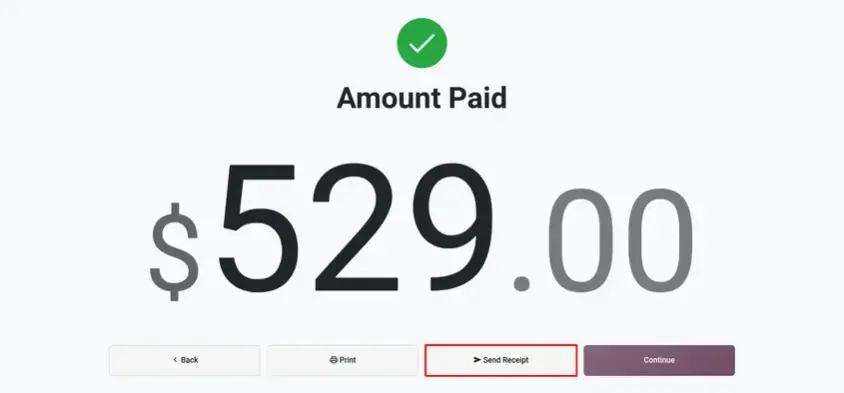 Odoo 20 POS screenshot: sending the customer receipt by WhatsApp or SMS after payment (step 1 of 5)