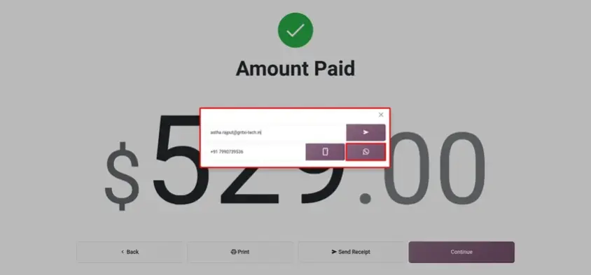 Odoo 20 POS screenshot: sending the customer receipt by WhatsApp or SMS after payment (step 2 of 5)